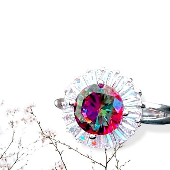 Mystic Topaz Cubic Zirconia Diamond Engagement Ring - Picture 6 of 8